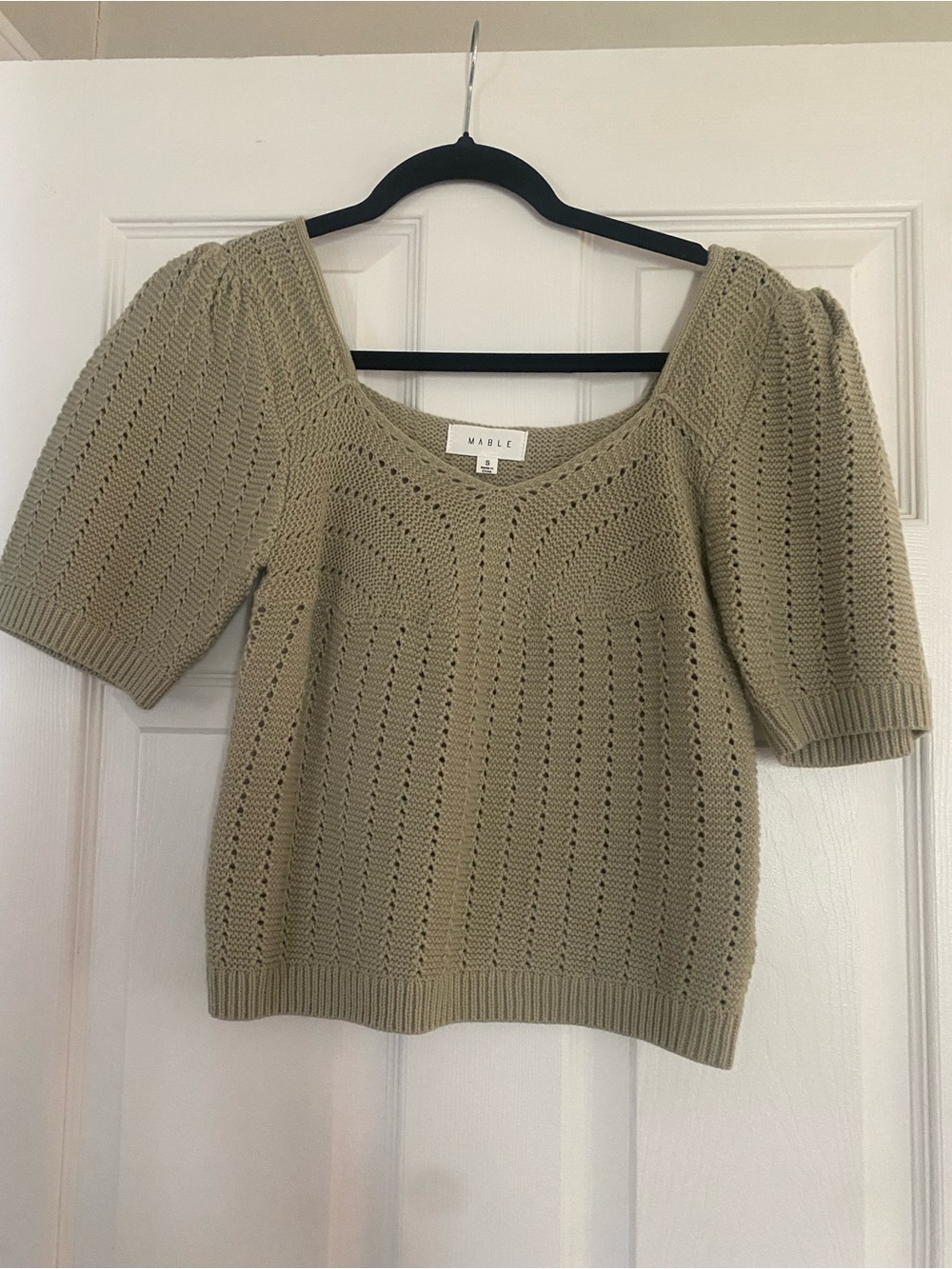 MARBLE Olive Green Openwork Knit Scoop Neck Top